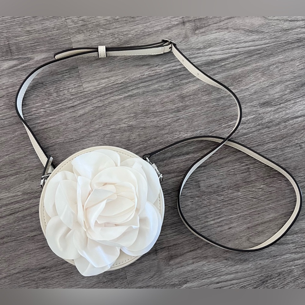 STAUD Cream Leather Clutch/Crossbody with Chiffon Floral Detailing